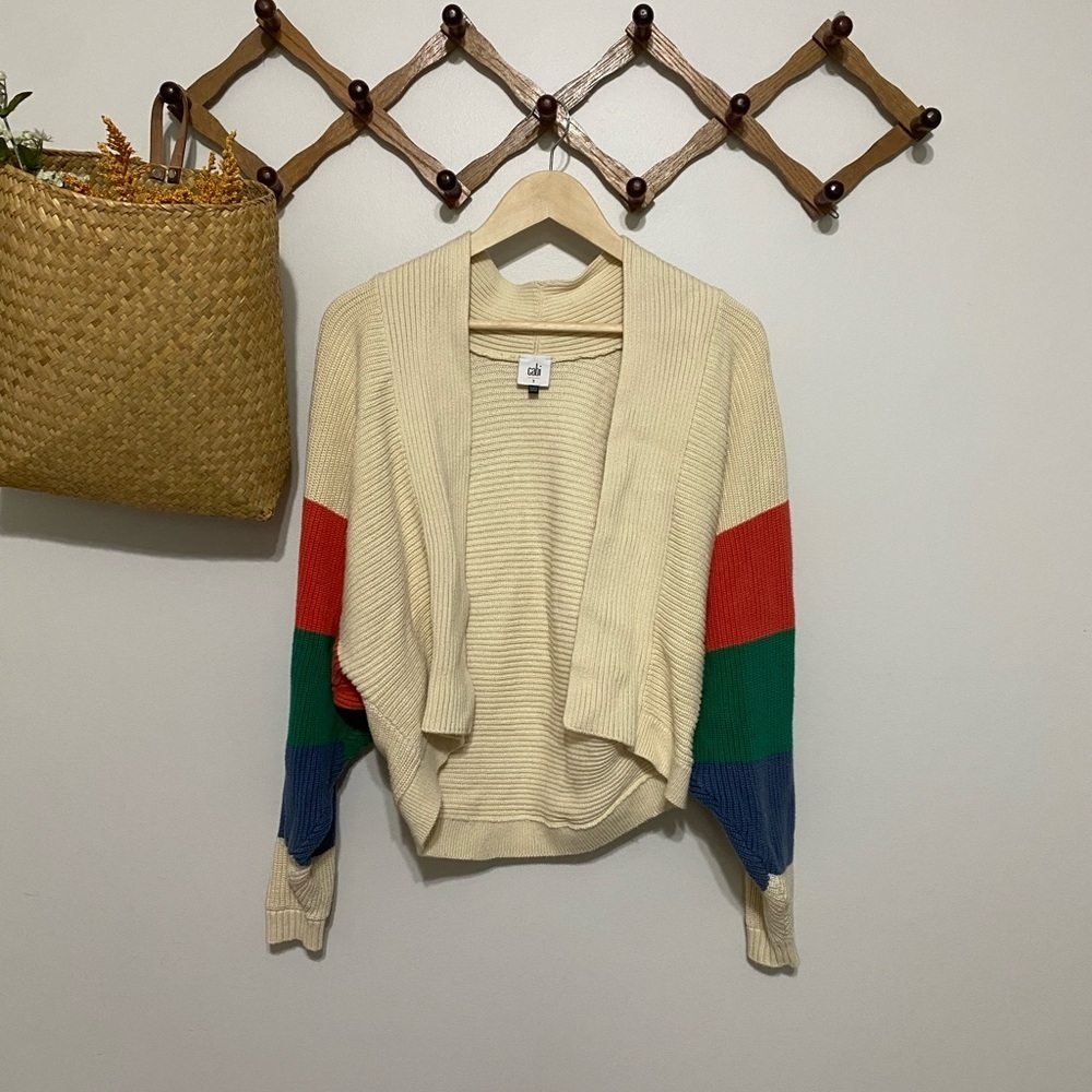 CAbi Cream Sophia Trio Cardigan with Red, Green, and Blue Accents